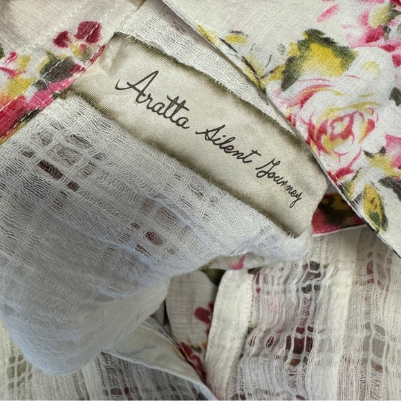 Aratta Silent Journey Button Down Sheer Plaid & Floral Blouse White Pink - Picture 9 of 13